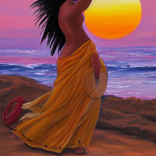 Image similar to painting of 3 5 year old mediterranean skinned woman in ancient canaanite clothing dancing with a tambourine by the ocean, sunset, other women dancing behind, trending on art station