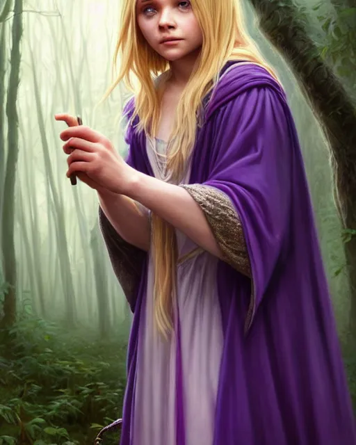 Image similar to cute young mage chloe grace moretz casting a spell, blonde hair, forest, purple heavy cloak and chemise, fantasy character portrait, ultra realistic, intricate, elegant, highly detailed, digital painting, artstaion, smooth, sharp, focus, illustration, art by artgerm and greg rutkowski and alphonse mucha