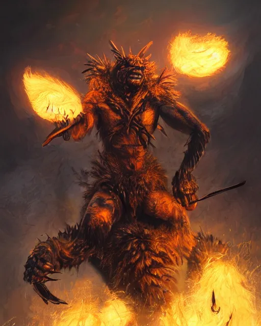 Image similar to oil painting of Angry Anthropomorphized Ant Berserker, wearing fur armor, claws, sharp focus, attack pose, fantasy style, octane render, volumetric lighting, 8k high definition, by greg rutkowski, highly detailed, trending on art Station, magic the gathering artwork, burning Battlefield background, centered