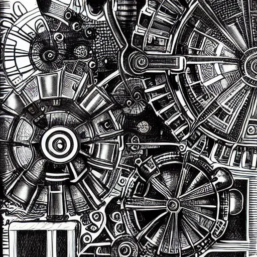 Prompt: miskatonic mechanical engine, black ink on paper, trending on artstation, beautiful, intricate, detailed