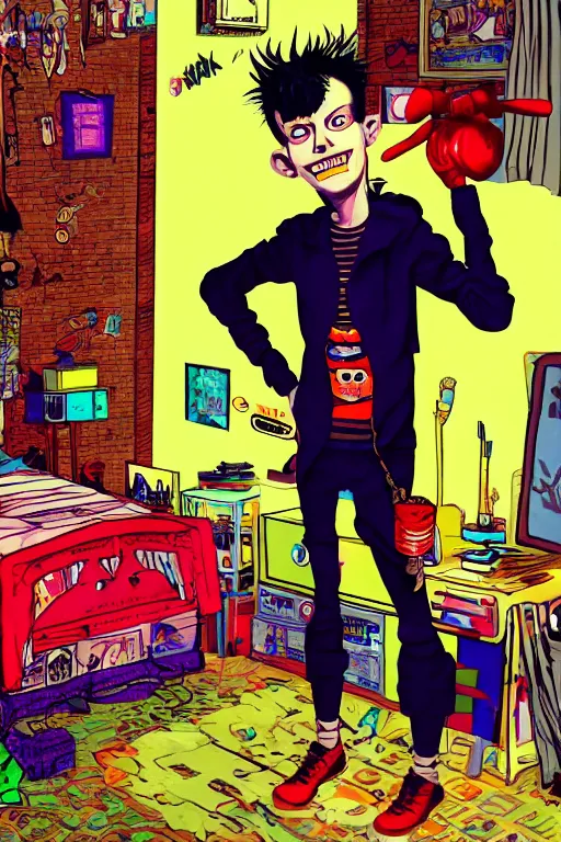 Image similar to a skinny goth guy standing in a cluttered 9 0 s bedroom by jamie hewlett, jamie hewlett art, full body character concept art, vaporwave colors, digital painting, hd, ultra hd, detailed, award winning,