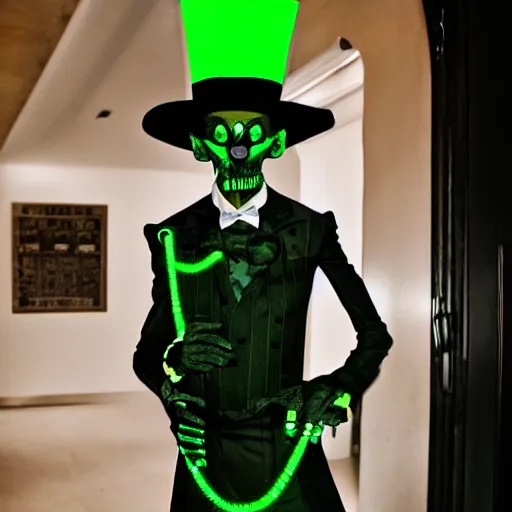 Image similar to tall, skinny, four - armed evil alien voodoo doctor wearing a black neon green tuxedo and top hat