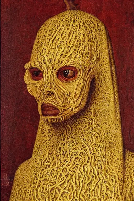 Image similar to portrait of nyarlathotep, oil painting by jan van eyck, northern renaissance art, oil on canvas, wet - on - wet technique, realistic, expressive emotions, intricate textures, illusionistic detail