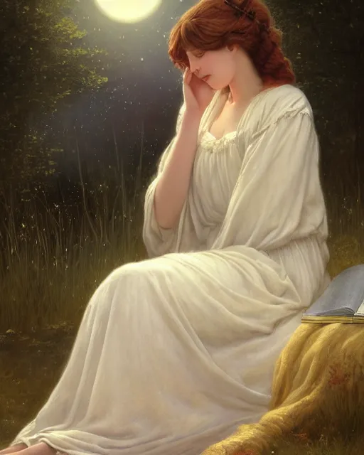 Prompt: a girl in white nightgown reading a book by the river, a full moon on the horizon, dark starry sky, golden orbs and fireflies, illustration, dramatic lighting, painting oil on canvas, art nouveau, 8 k, by edmund blair leighton, brom, charlie bowater, trending on artstation, faces by tom bagshaw, sargent