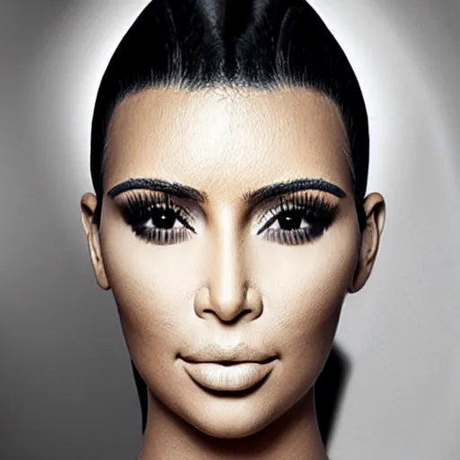 Image similar to studio photo of kim kardashian with forehead tattoo, face tattoo, professional photo, close up, studio lighting, high quality