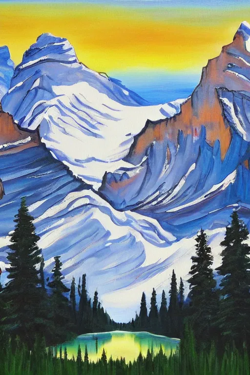 Prompt: bob ross painting of banff alberta