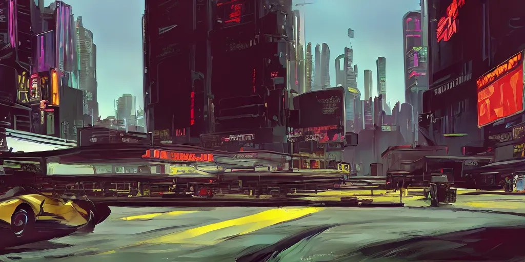 Image similar to art style by Ben Aronson and Edward Hopper and Syd Mead, wide shot view of the Cyberpunk 2077, on ground level.