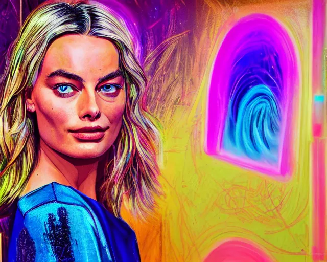 Image similar to neon art of margot robbie, hyper detailed, award winning