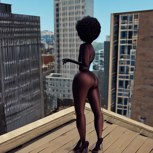 Prompt: 3d render of a voluptuous beautiful black model standing on the edge of a building, 3d, in the style of pixar, highly detailed, sharp focus, bokeh, depth of field, 16k resolution, Unreal Engine 5, coherent, cinematic lighting, photorealistic