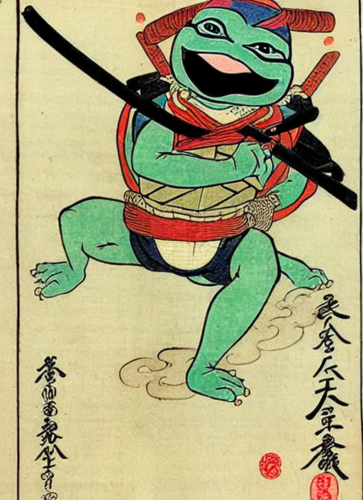 Image similar to a ninja turtle as a yokai illustrated by kawanabe kyosai and toriyama sekien