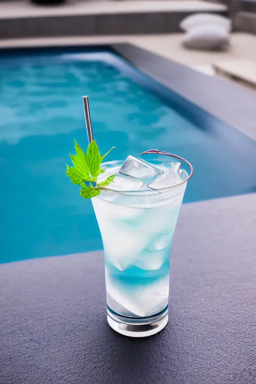 Prompt: 5 5 mm photo of best long cocktail on a zen minimalist white table with dark blue pool in the background. highly detailed 8 k. intricate. lifelike. soft light,