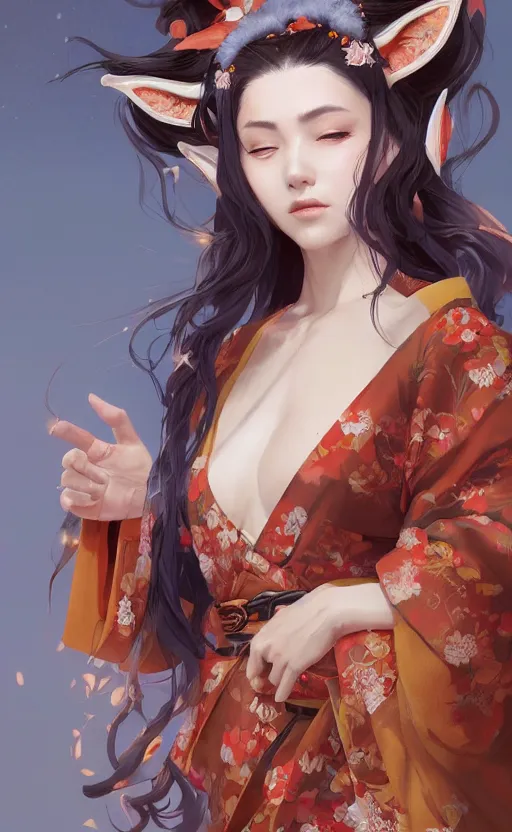 Image similar to An beautiful digital painting of a woman with fox ears and nine tails wearing a kimono, by Stanley Artgerm Lau, WLOP, Rossdraws, James Jean, Andrei Riabovitchev, Marc Simonetti, and Sakimichan, trending on artstation