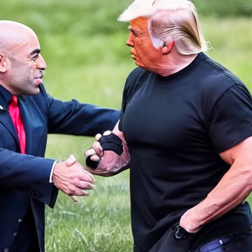 Prompt: joe rogan and donald trump fist bumping, high quality