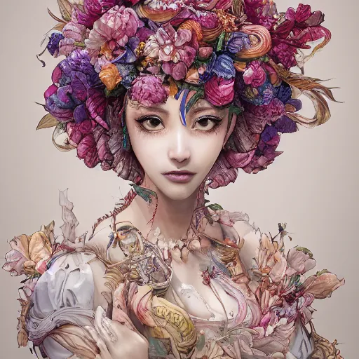 Image similar to the portrait of an absurdly beautiful, graceful, elegant, chaste, young woman made of petals and bananas looking up, an ultrafine detailed illustration by kim jung gi, irakli nadar, intricate linework, bright colors, octopath traveler, final fantasy, angular, unreal engine 5 highly rendered, global illumination, radiant light, detailed and intricate environment