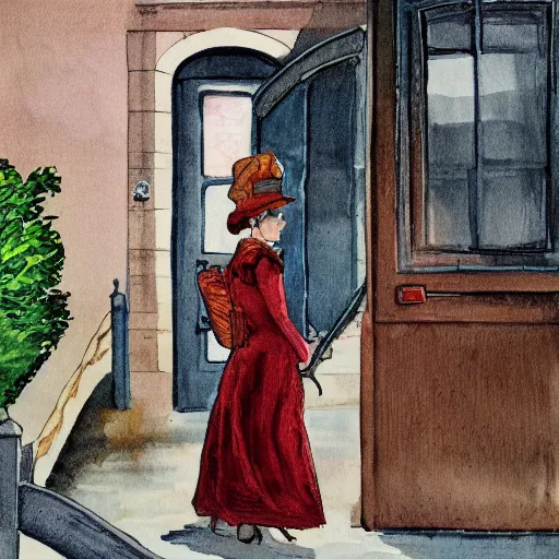 Image similar to so she came around the corner, peeked and just about caught a glimpse of the disappearing carriage leaving the scene of the mystery gouache painting illustration