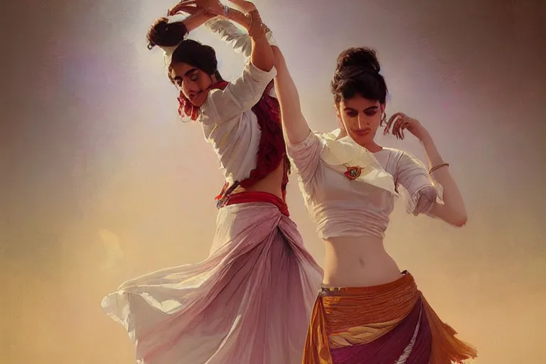 Image similar to Beautiful pale young Indian doctor wearing a skirt dancing in Texas, portrait, elegant, intricate, digital painting, artstation, concept art, smooth, sharp focus, illustration, art by artgerm and greg rutkowski and alphonse mucha