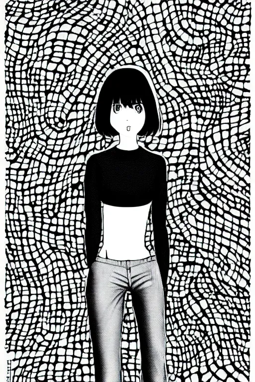 Image similar to portrait of a girl in long pants and a top, hands in pockets, eyes closed, bob haircut, digital art, black and white, lineart by junji ito and kaoru mori