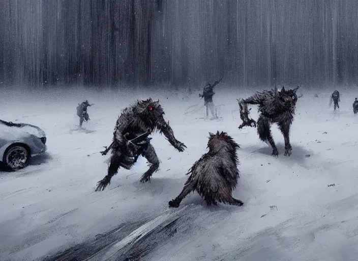 Image similar to jakub rozalski artstation, werewolves fighting in a snowstorm