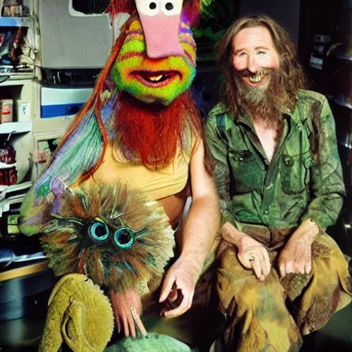 Image similar to hippies on another planet, jim henson creature shop, realistic