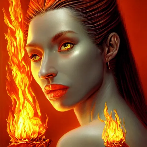 Image similar to A stunning portrait of a goddess with a body of flames by Jim Burns, 8K UHD, intricate, fantasy, Trending on artstation.