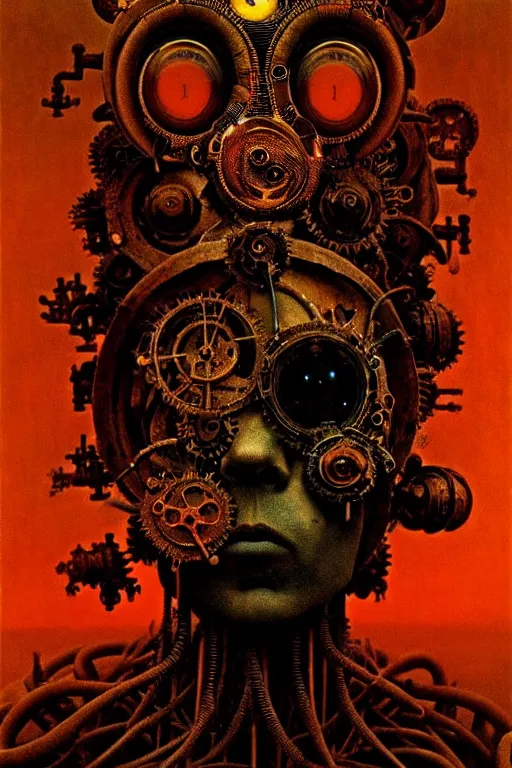 Prompt: by beksinski, by diane arbus!!!, photorealistic head portrait of a mechanical occult shaman mystic with ornate shiny steampunk headdress standing in front of a butane fire next to mechanical shrubs in a desolate desert at night, dramatic lighting, octane render, sharp focus, hyperrealism, photorealism, facing camera,