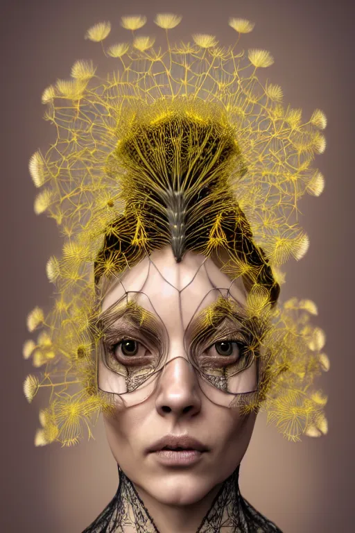 Prompt: intricate hyper detailed ultra sharp 3 d render of a witch profile portrait, 1 5 0 mm art nouveau, haute couture alexander mcqueen leaves stems, unsplash model transparent fractal dandelion yellow pistil filigree roots, intricate details, human face, facial features, elegant, hyper realistic, ultra detailed, octane render, volumetric cinematic lighting, 8 k post - production