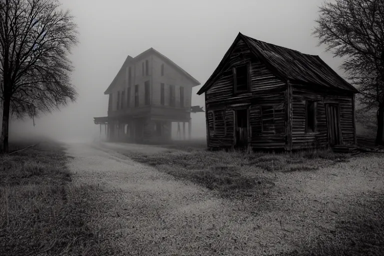 Prompt: Misty ghost town, with a dark shadow of ghosts