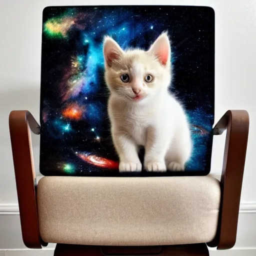 Image similar to a kitten with a cape floating through galaxies of space on a recliner chair