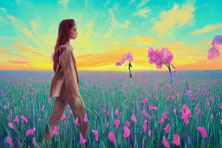 Image similar to closeup, giant gladiola flower head, girl in suit walking in field of flowers, surreal photography, sunrise, blue sky, dramatic light, impressionist painting, digital painting, artstation, simon stalenhag