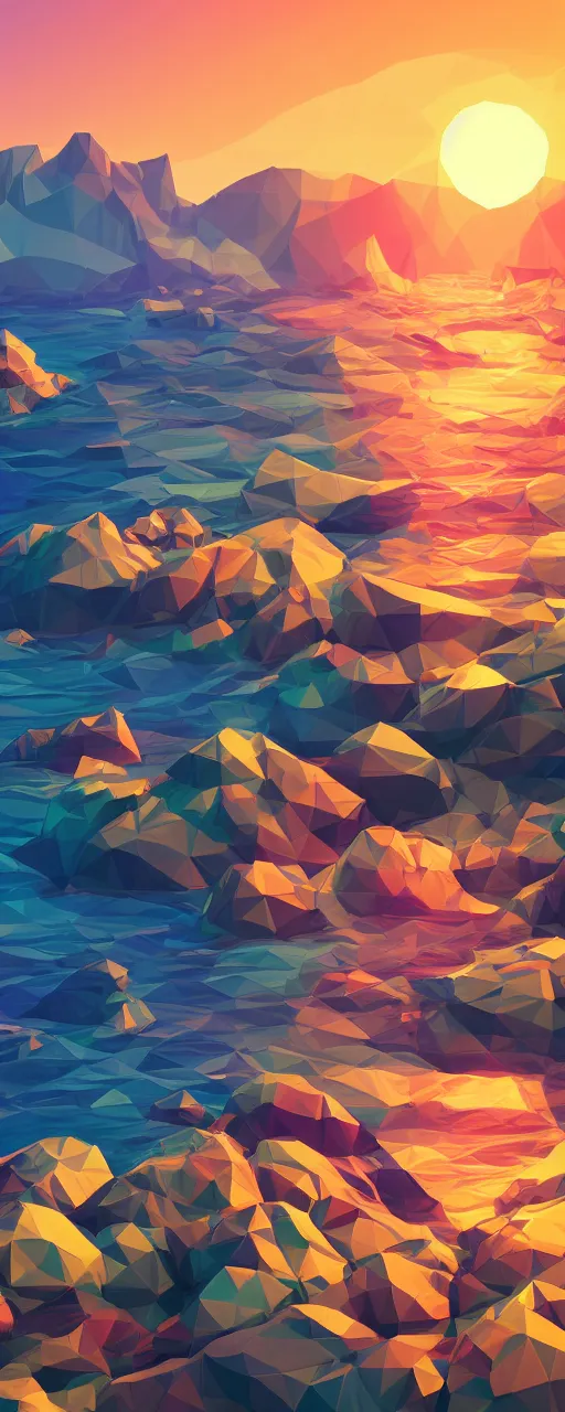 Image similar to super detailed color lowpoly art, northern sunset with rocks on front, monochrome water bay in the middle of perspective and mountains at background, graphic fishing vessels in random points, unreal engine, retrowave color palette, 3 d render, lowpoly, colorful, digital art, perspective