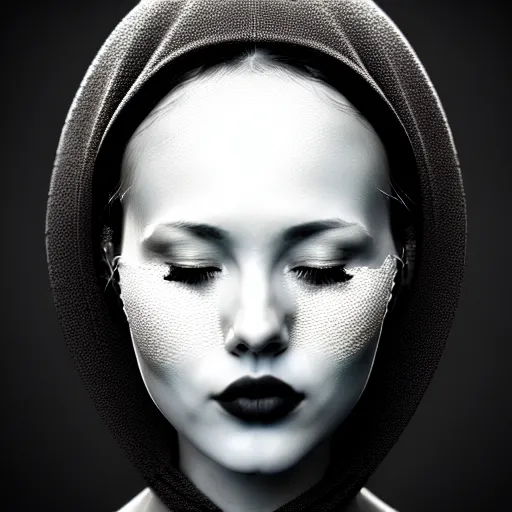 Image similar to black and white portrait of a young beautiful woman with eyes closed and a face covering mask. fractal and mandelbulb, speed painting and scribble art, octane render, behance and artstation, intricate detail, beautiful, moody, cinematic, art deco, surrealism, futurism.