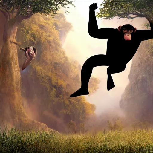 Image similar to Angry Chimpanzee Jumping, Epic Jump, Cinematic Photo, Cinematic Shot, Jungle, Foliage Boris Vallejo, Epic, 8k resolution, ArtStation, Hyperrealistic