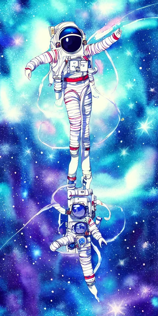 Image similar to oriental water color of a female astronaut, floating through the void of space, stars are spread out, anime movie, highly detailed