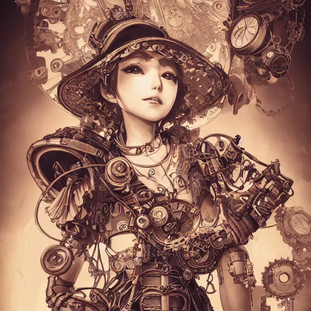 Image similar to the portrait of true neutral semi - colorful female steampunk mechanist as absurdly beautiful, gorgeous, elegant, young gravure idol, an ultrafine hyperdetailed illustration by kim jung gi, irakli nadar, intricate linework, bright colors, octopath traveler, final fantasy, unreal engine 5 highly rendered, global illumination, radiant light, detailed and intricate environment