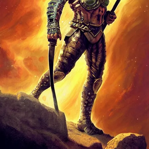 Image similar to photoreal full body of a hulking viking warrior in scifi armour on a rocky planet, nebula milky way background, by norman rockwell and boris vallejo, artstation, concept character art