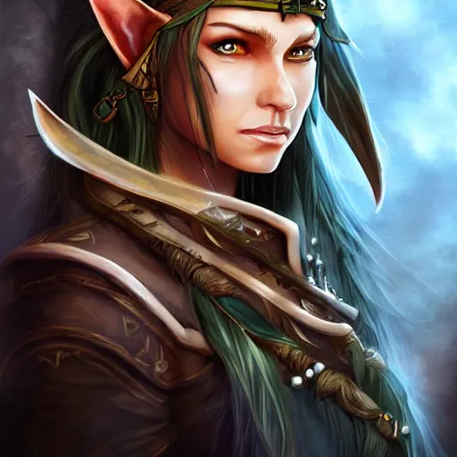 Image similar to portrait of a elven female pirate, fantasy setting, digital art, dramatic lighting, art by jason chan