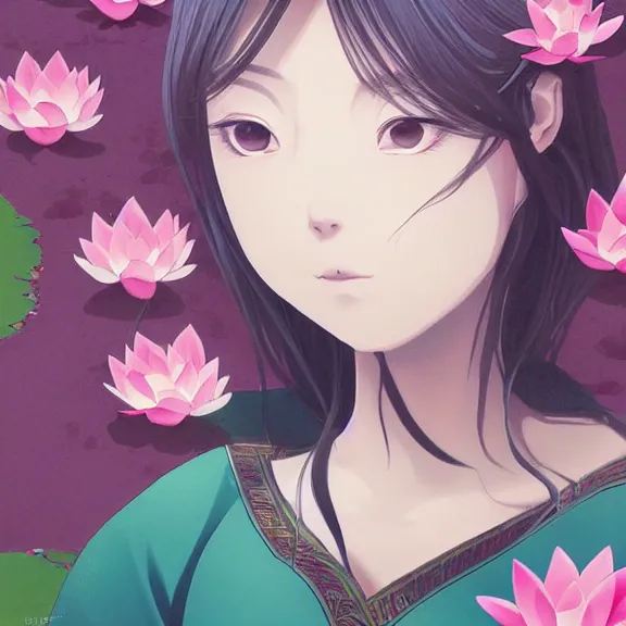 Image similar to landscape， stencil, anime, traditional Japanese, beautiful portrait of a girl surrounded by flowers, half of her body in a lotus pond,by artgerm， by Førtifem, digital art, purple color scheme