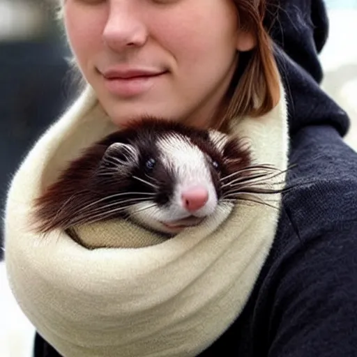 Image similar to long ferret like a scarf, wrapped up comfortably, living animal on your shoulders