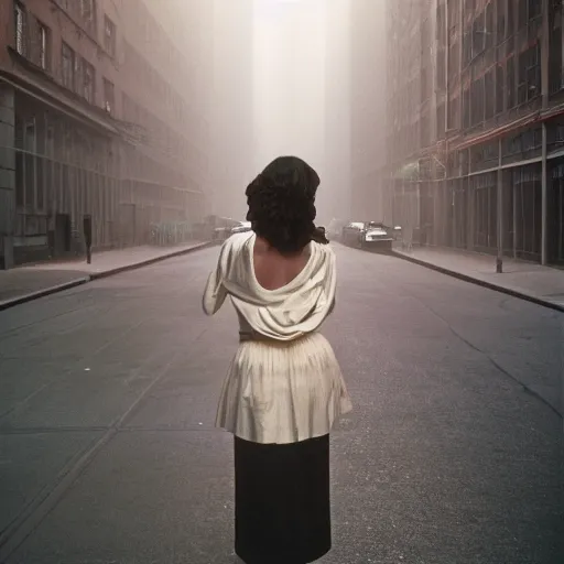 Prompt: portrait of a woman in a smoky new york street ,by Steve McCurry, Flickr, natural light, CANON Eos C300, ƒ5.6, 50mm, medium-format print