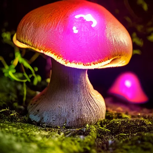 Image similar to glowing mushroom, luminescent mushroom : : dark forest : : [ illuminated by a single mushroom ] : : 8 k : : [ digital art ] : :