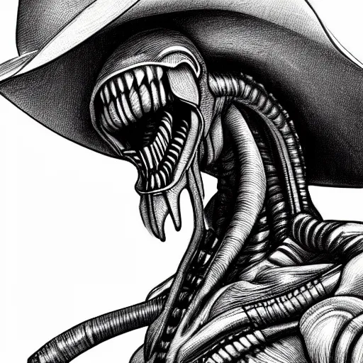 Image similar to a pencil sketch of a xenomorph alien wearing a cowboy hat, white background, fine detail, black and white