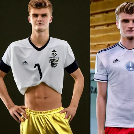 Image similar to a realistic detailed photo of a guy who is an attractive humanoid who is half robot and half humanoid, who is a male android, soccer players martin ødegaard & timo werner, shiny skin, posing like a statue, blank stare, in a living room, on display, showing off his muscles, gold soccer shorts, side view