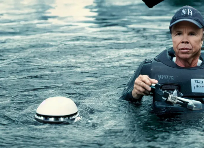 Image similar to film still of Clint Howard in water with robot as Cooper in Interstellar, 4k