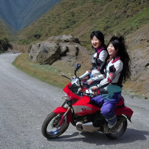 Image similar to Two japanese women riding motorbikes through the Himalayas