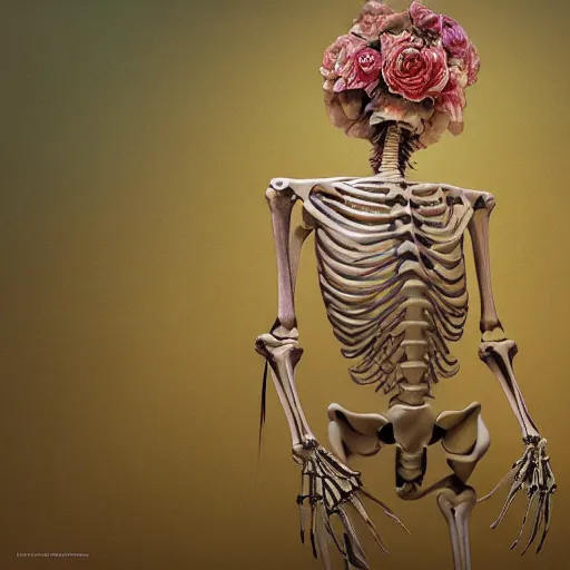 Prompt: biomorphic painting of a skeleton with flowers, au naturel, hyper detailed, digital art, trending in artstation, cinematic lighting, studio quality, smooth render, unreal engine 5 rendered, octane rendered, art style by klimt and nixeu and ian sprigger and wlop and krenz cushart