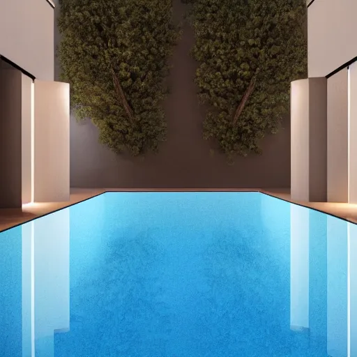 Prompt: liminal space photography, swimming pool, ceramic tiles on the floor and walls, sunset light, clear water, high detailed, photorealistic 4k - H 768