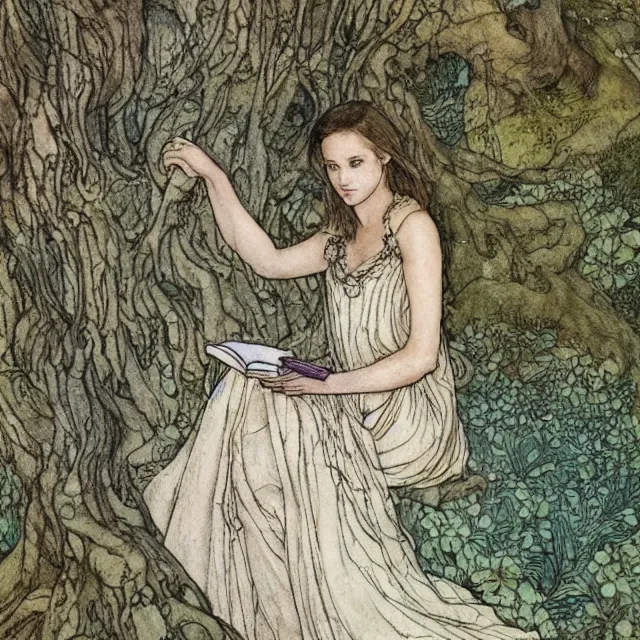 Image similar to a detailed, intricate watercolor and ink portrait illustration with fine lines, of a lovely, pretty, young alicia vikander with a detailed face in a dress sitting on the mossy ground reading under a gnarled tree, by arthur rackham and edmund dulac and ted nutall and mucha