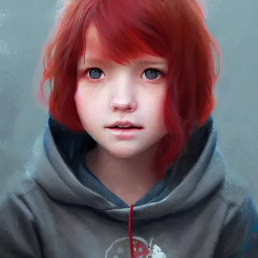 Image similar to a tiny girl with short red hair wearing a hoodie, digital art, cute face, very beautiful face, pretty face, very detailed eyes, full body illustration, 8 k resolution, soft painting, by greg rutkowski, wlop, rossdraws,