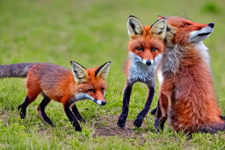 Prompt: Foxes playing in a meadow, rambunctious fox kits, professional animal photography, highly detailed, 8k