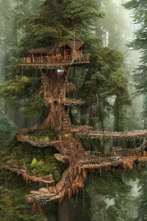 Image similar to various treehouses mounted on giant redwood tree trunks, interconnected by rope bridges, fantasy setting, dense vegetation, very detailed, d & d concept art, 4 k